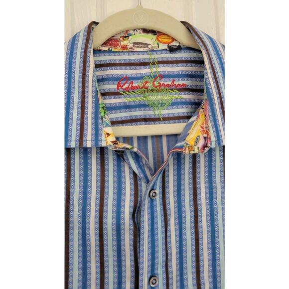 Robert Graham Flip Cuff Hotel Chatham Blue Stripe Button Up Size 2XL - Picture 2 of 7